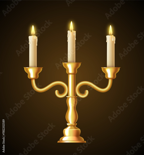 Three-arm candlestick. Golden candlestick. Candelabrum. Vector 3d clipart isolated on black  background.