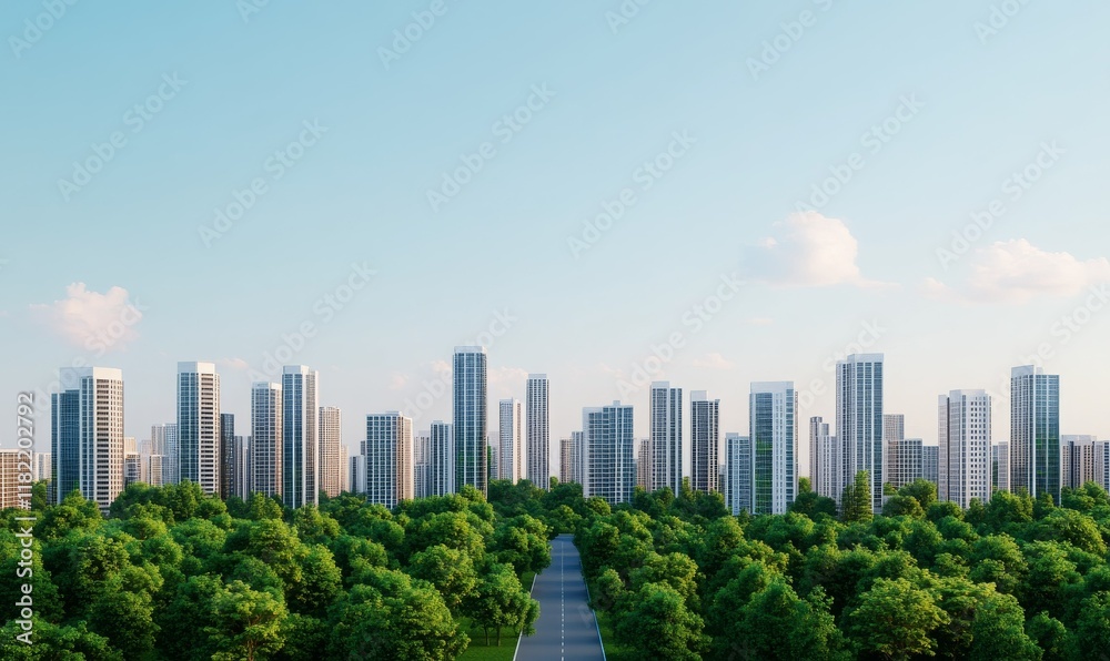 A modern city skyline with tall buildings rising above a lush green park, symbolizing urban development and environmental harmony.