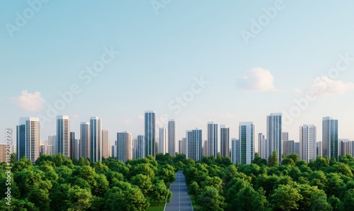 Obraz na płótnie A modern city skyline with tall buildings rising above a lush green park, symbolizing urban development and environmental harmony.
w salonie