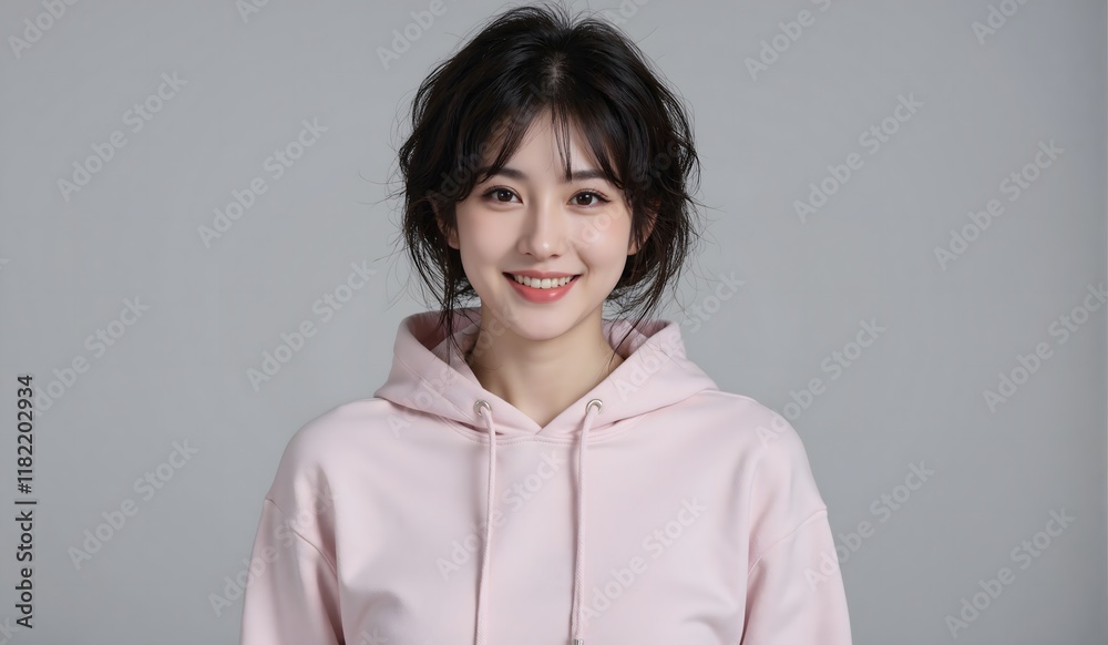 A cheerful young woman with a bright smile, wearing a light pink hoodie, posing against a plain gray background. A cheerful young woman with a bright smile, wearing a light pink hoodie, posing against a plain gray background.