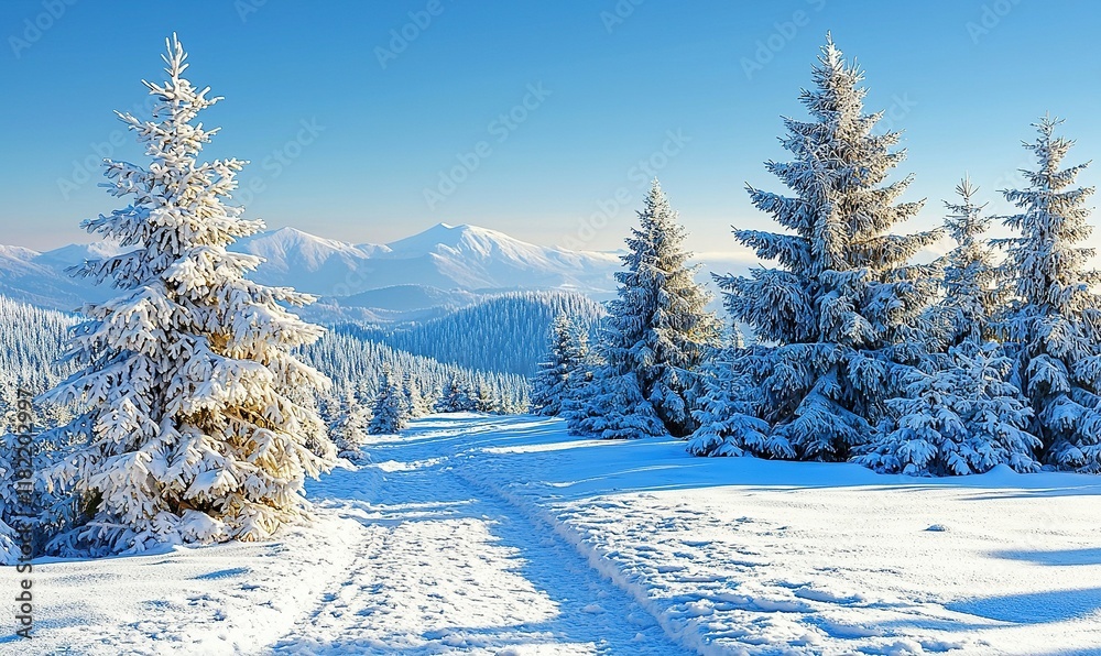 Obraz premium Snowy mountain path with snow covered fir trees and distant peaks in winter.