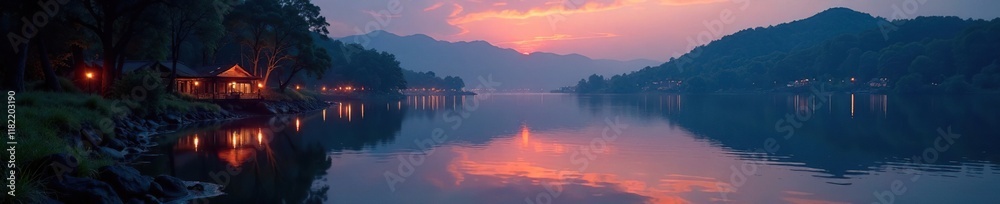 Fototapeta premium The soft glow of lanterns illuminates a serene lake landscape at dusk, dusk, glow, light