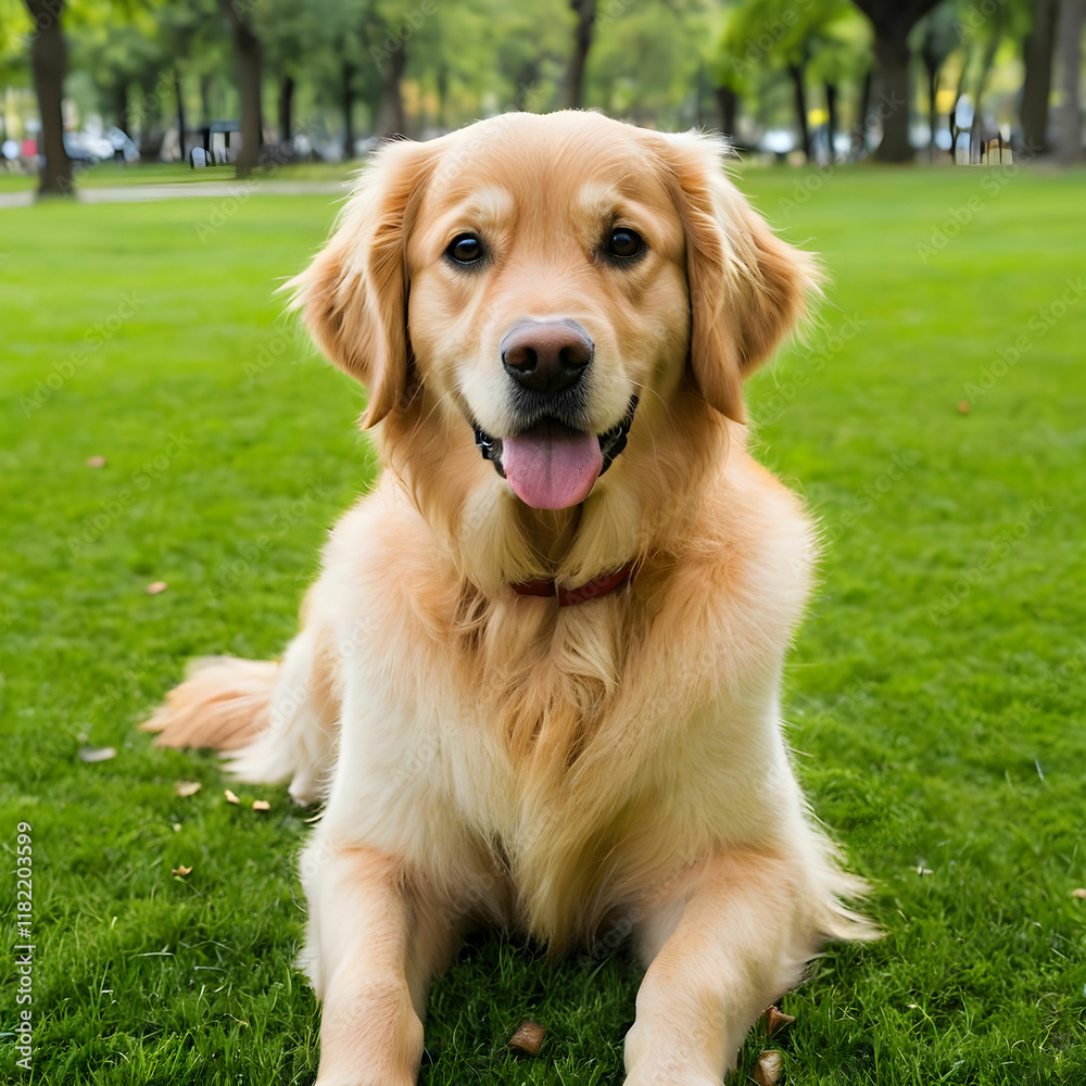 Adorable golden retriever dog sitting on green grass in a park Adorable golden retriever dog sitting on green grass in a park