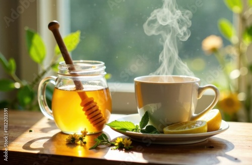 Hot tea in a mug, honey in a jar, lemon, treatment, recovery