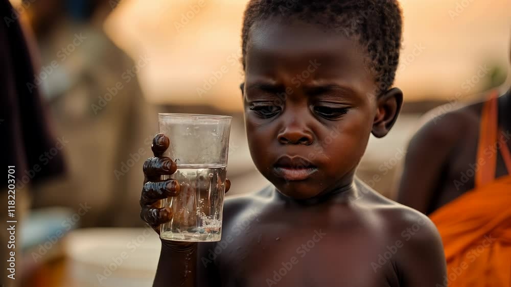 A young child stands alone in a rural village, holding a glass of water with a look of sadness. The sun sets in the background, creating a poignant atmosphere filled with emotion and hardship.