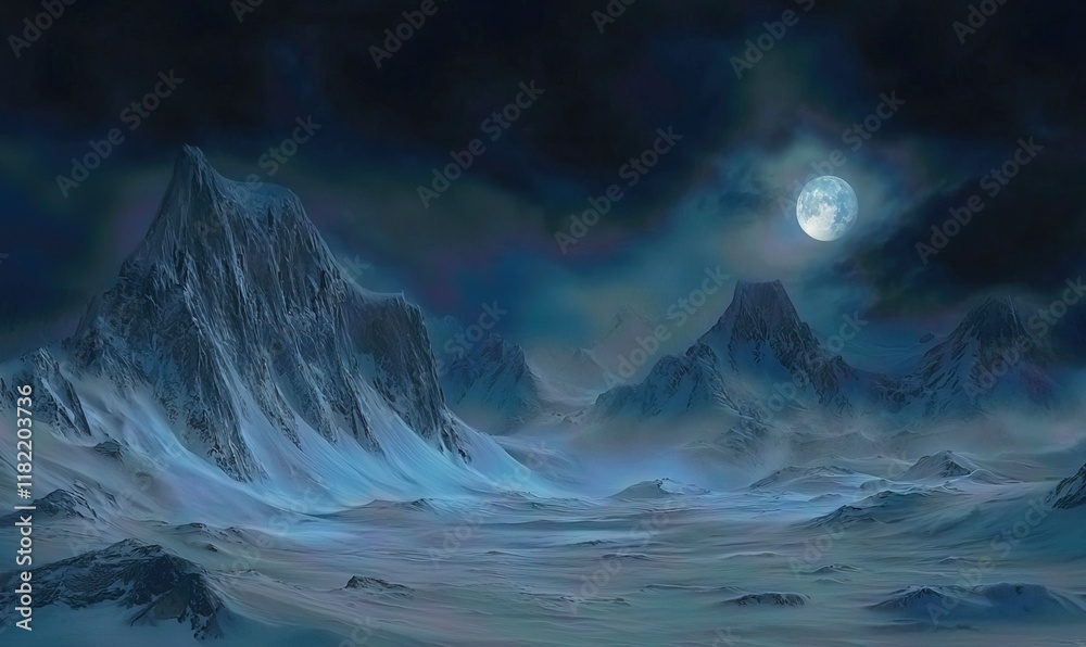 Naklejka premium Snowy mountains under a full moon at night.