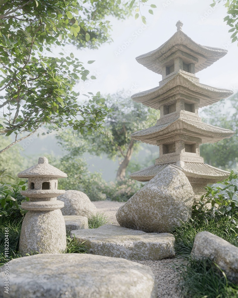 Intricate chinese pagoda and stone lanterns serene garden setting 3d natural light tranquil design concept Intricate chinese pagoda and stone lanterns serene garden setting 3d natural light tranquil design concept