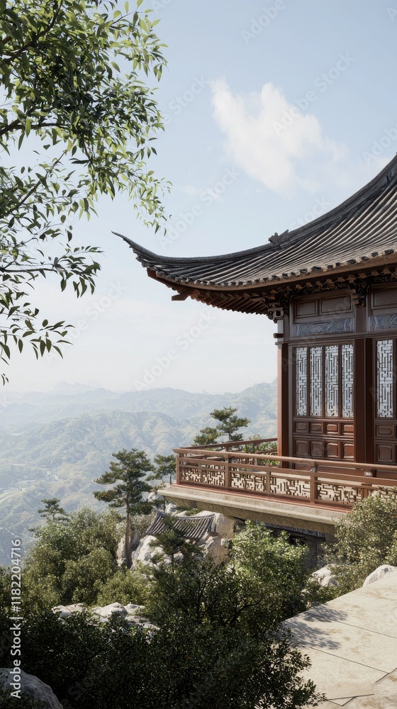 Fototapeta premium Majestic chinese pagoda overlooking lush valley serene architecture panoramic view tranquil environment scenic beauty