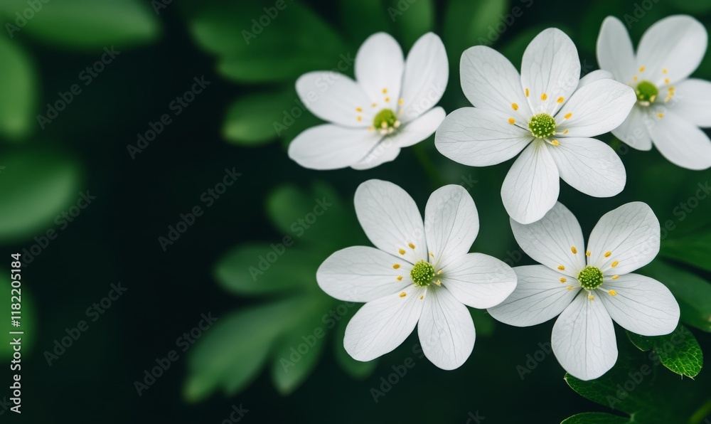 Close-up of delicate white wildflowers blooming among lush green leaves, representing nature, purity, and springtime freshness.