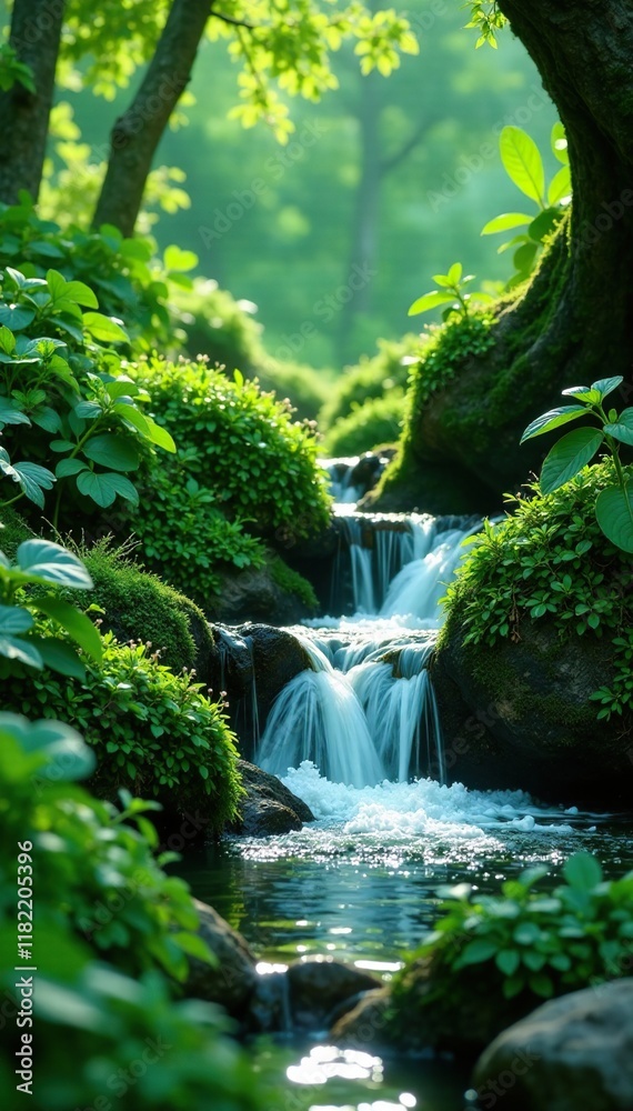 Tiny white beads cascade down a lush emerald landscape, foliage, botanic Tiny white beads cascade down a lush emerald landscape, foliage, botanic