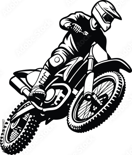 Motocross Rider Action Extreme Sport, Dirt Bike, OffRoad, Black and White Illustration