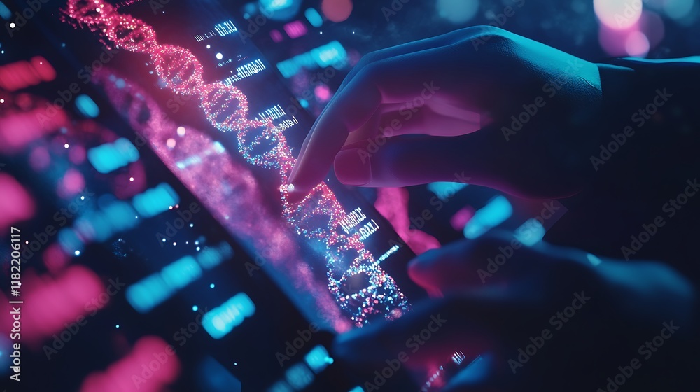 Obraz premium Detailed DNA Analysis on Interactive Screen with Advanced Neon Display Technology