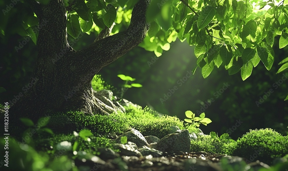 Fototapeta premium Sunlit forest floor with mossy rocks and lush foliage.