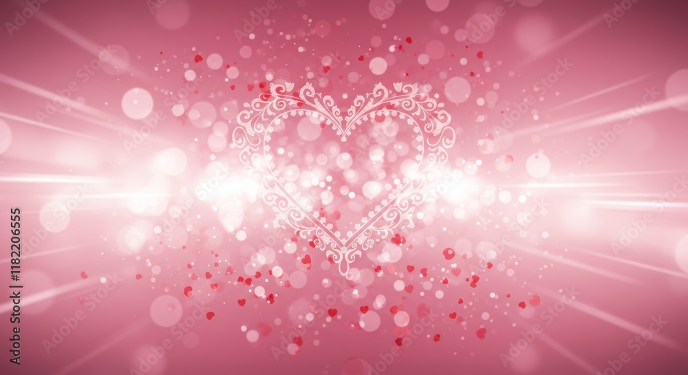Sparkling Heart of Love: A delicate, shimmering heart design in white bursts forth from a mesmerizing pink background, scattering tiny pink hearts and radiant light in its wake. Sparkling Heart of Love: A delicate, shimmering heart design in white bursts forth from a mesmerizing pink background, scattering tiny pink hearts and radiant light in its wake.