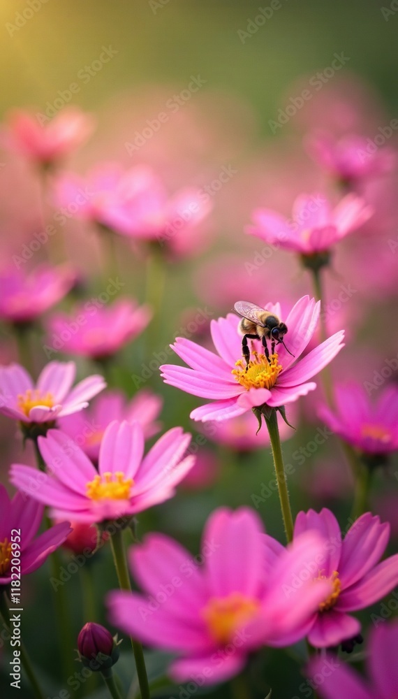 A pink flower field with bees buzzing around the blossoms, bees, pink A pink flower field with bees buzzing around the blossoms, bees, pink