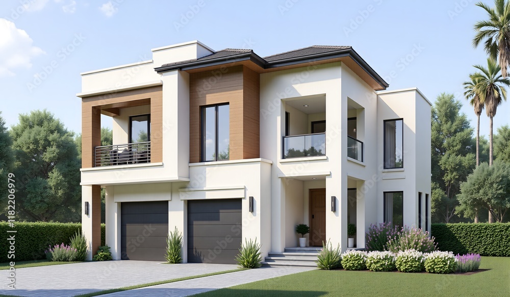 Contemporary two-story home with a modern design, featuring a double garage, landscaped garden, balconies, and surrounded by greenery and palm trees. Contemporary two-story home with a modern design, featuring a double garage, landscaped garden, balconies, and surrounded by greenery and palm trees.