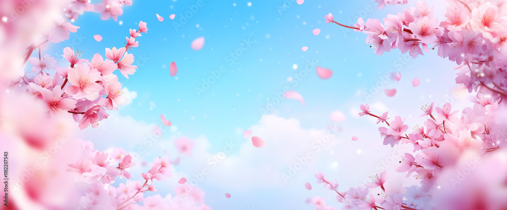 A beautiful cherry blossom branch with pink petals against the blue sky. The flowers symbolize spring and love A beautiful cherry blossom branch with pink petals against the blue sky. The flowers symbolize spring and love