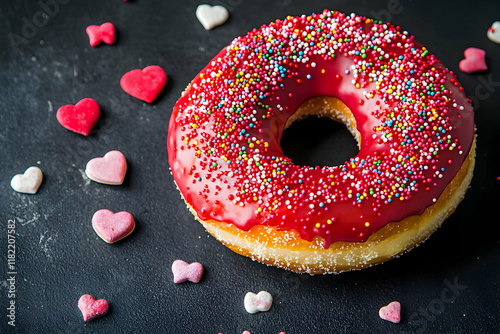 donut with sprinkles on top  in concept of valentine day on 14 February  2025 with pink and red heart gift love rose romance romantic things with background