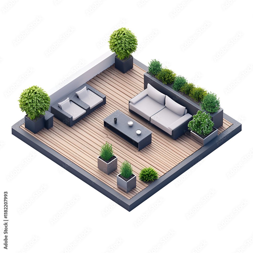 Fototapeta premium Modern Rooftop Terrace Design Plants, Sofa, Chairs, Deck