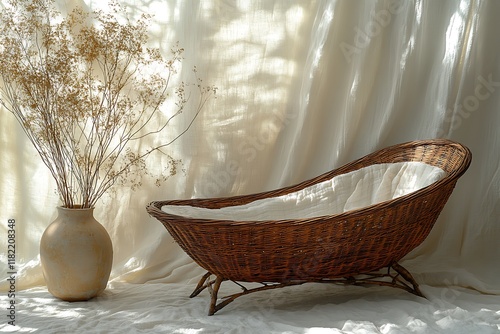 Vintage wicker cradle with linen bedding and dry flowers in a vase photo