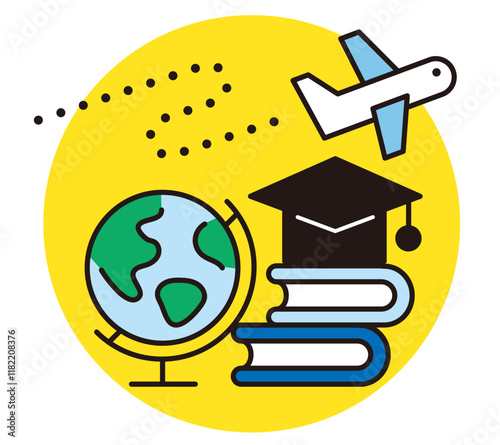 グローバル教育や海外留学に関するベクター素材。地球儀や本、飛行機があるイラスト。