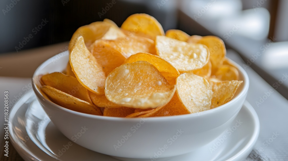 Crispy potato chips snack kitchen table food photography cozy indoor environment close-up perspective for culinary delight Crispy potato chips snack kitchen table food photography cozy indoor environment close-up perspective for culinary delight