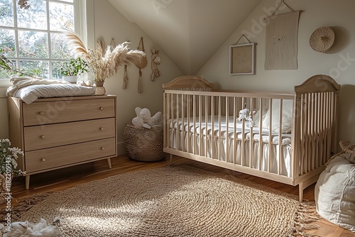 A light and airy minimalist nursery with natural and beige tones.