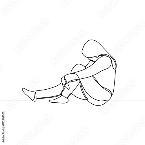 Depressed Woman line art illustration. Continuous single line drawing of woman in sad mood sitting on floor.