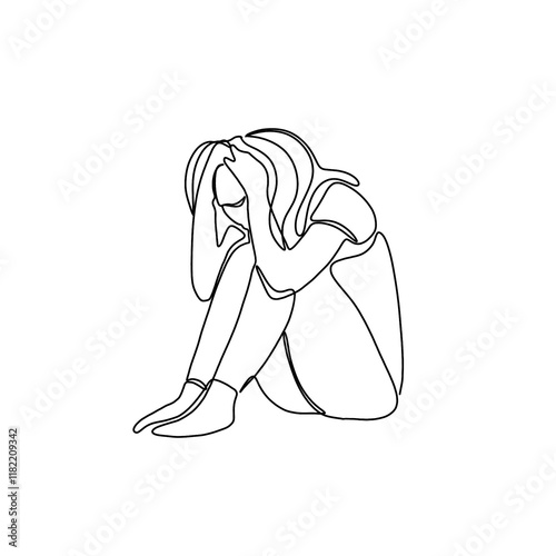 Depressed Woman line art illustration. Continuous single line drawing of woman in sad mood sitting on floor.