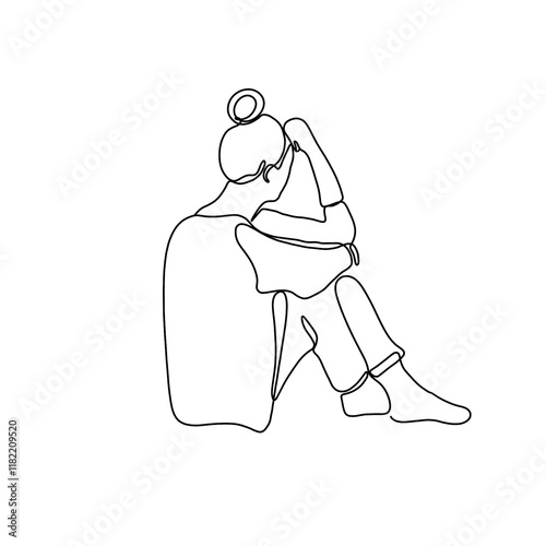 Depressed Woman line art illustration. Continuous single line drawing of woman in sad mood sitting on floor.