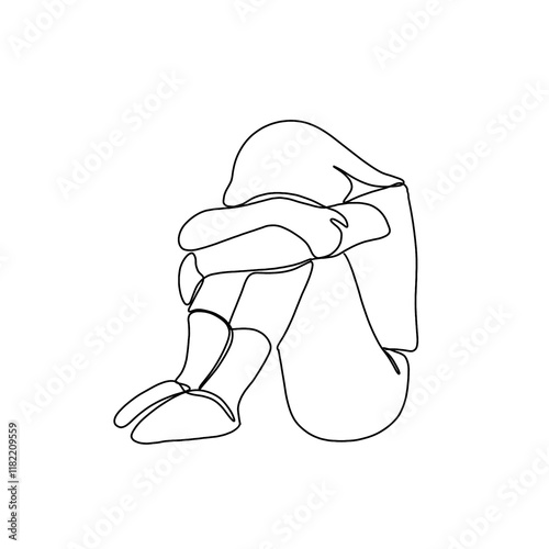 Depressed Woman line art illustration. Continuous single line drawing of woman in sad mood sitting on floor.