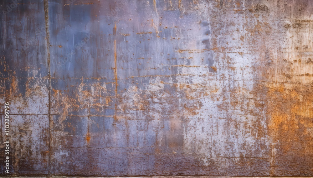 Naklejka premium weathered industrial metal surface with rust stains and scratches, abstract texture with orange and blue tones for grunge design background