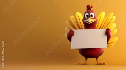 A cartoon turkey holding a blank sign against a warm yellow background.