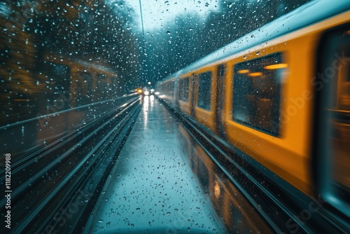 Raindrops clinging to the vehicle's window create a blurred, atmospheric view as a yellow train rushes by on a rainy day, capturing the essence of urban transit in motion
