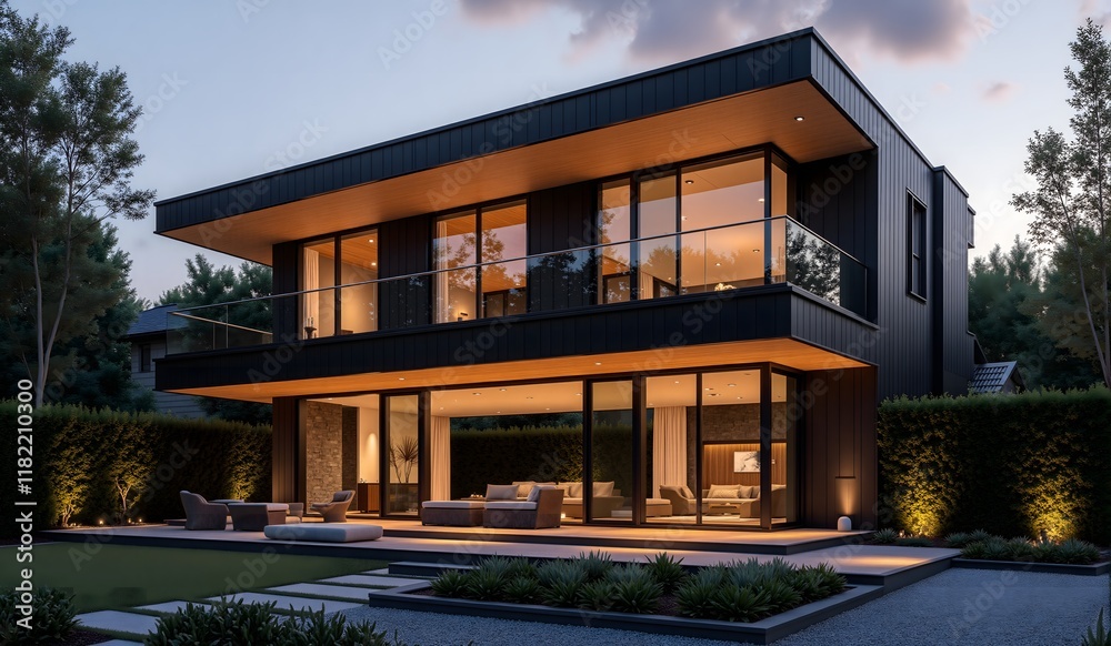 Elegant two-story modern home with sleek black exterior, large glass panels, warm interior lighting, stylish outdoor seating, lush landscaping, and a peaceful garden setting. Elegant two-story modern home with sleek black exterior, large glass panels, warm interior lighting, stylish outdoor seating, lush landscaping, and a peaceful garden setting.