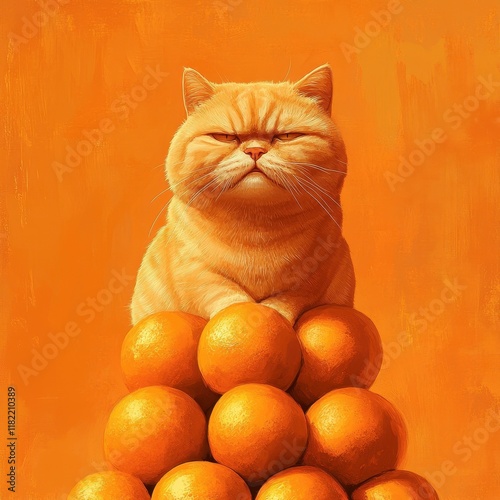 Grumpy Orange Cat Sitting Atop A Pyramid Of Oranges photo