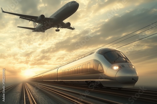 High-speed train racing along the railway at sunset, with an airplane soaring above, illustrating the dynamic future of transportation and logistics in a modern world