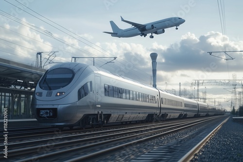 Modern high-speed train is passing a station while a passenger plane is landing, showcasing the intersection of various transportation modes