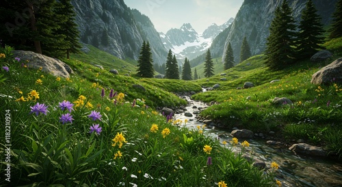 Fototapeta Naklejka Na Ścianę i Meble -  Mountain Valley with Wildflowers, A picturesque mountain valley with a flowing stream and a meadow filled with colorful wildflowers.