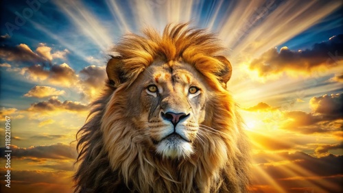 Surreal Lion Head Sunburst: Majestic Golden Mane in Celestial Glow