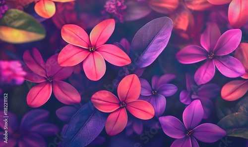Vibrant pink, purple flowers bloom in a garden, creating a colorful floral background ideal for spring designs.