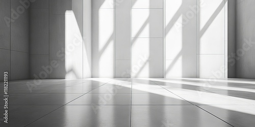 A clean  sunlit white studio with shadow effects  perfect as a minimalist background for design concepts or product presentations.