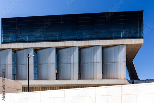 Acropolis Museum. Wide angle photo with the modern construction of Acropolis and Ancient World of Parthenon Museum. Symbolic place for the history of Greek culture. Travel to Greece.