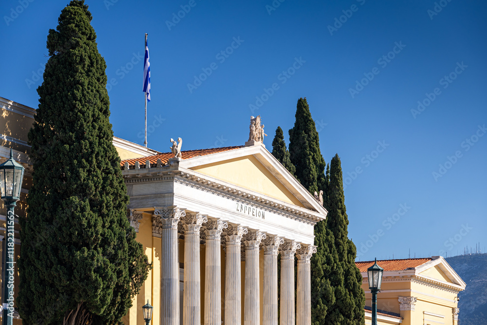 Zappeion Hall in Athens. Photo during a sunny day with this conference center in Greek architecture style from Athens.