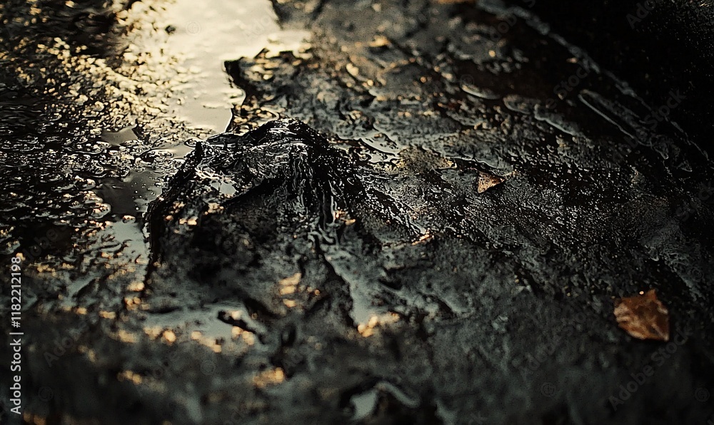 Wet muddy ground with fallen leaves and reflecting light. Wet muddy ground with fallen leaves and reflecting light.
