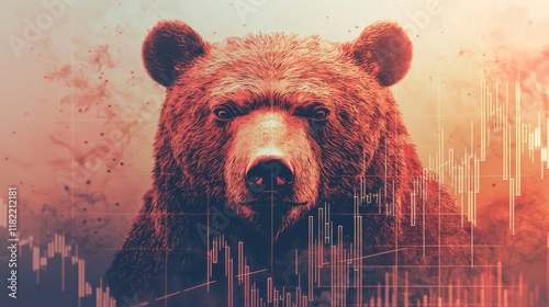 A fierce bear's face blends with abstract financial charts, symbolizing market trends and the concept of a bear market. photo