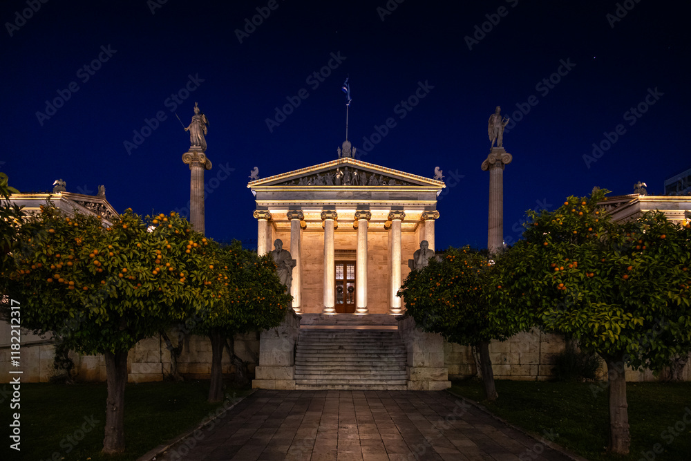 Academy of Athens. Night photo with this landmark construction, the leading intellectual institution of the country. Architecture wide photo in Athens, Greece.