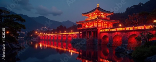 Golden light illuminating the red bridge at night, temple, golden, bridge