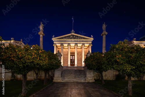 Obraz na płótnie Academy of Athens. Night photo with this landmark construction, the leading intellectual institution of the country. Architecture wide photo in Athens, Greece. w salonie