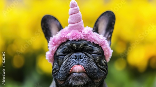 Cute French Bulldog with Unicorn Headband Against Bright Flower Background photo